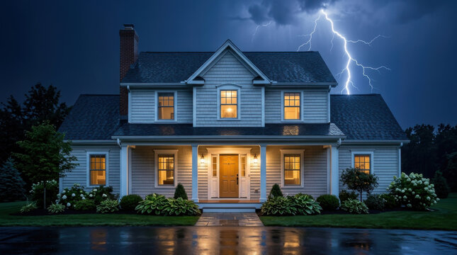 Illuminating lightning strike behind modern suburban home at night highlighting weather damage risk and property insurance concepts