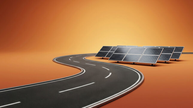 Solar panels alongside curving empty asphalt road on orange background symbolizing the transition to renewable energy and sustainable transportation