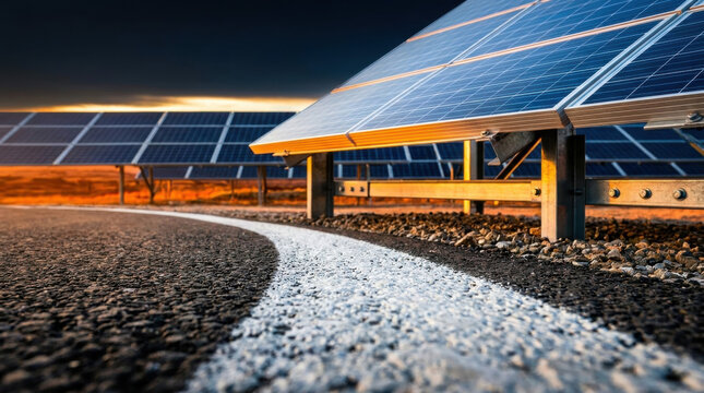Solar power infrastructure engineering with photovoltaic panels securely mounted beside a freshly painted asphalt highway at sunrise