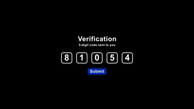 Verification code entry animation with animated number boxes and submit button.Symbolizing security and authentication for login.
