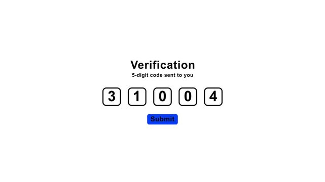 Verification code entry animation with animated number boxes and submit button.Minimal otp authentication interface animation with code input.Symbolizing security and authentication for login.