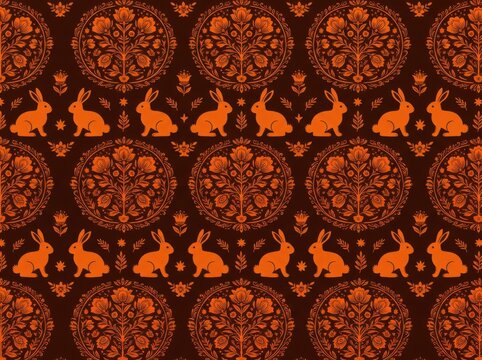Seamless pattern with rabbits and floral medallions in orange on a dark brown background
