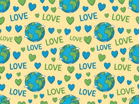 Seamless pattern with earth globes, hearts and the word love