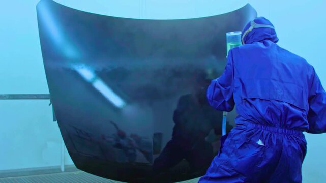 Auto painter in blue suit sprays car hood with black paint