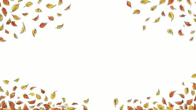 Autumn leaves drifting around white center frame border copy space text overlay seamless loop hand drawn digital stop motion animation