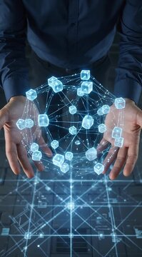 Person Presenting Holographic Sphere of Connected Data Points in High-Tech Environment