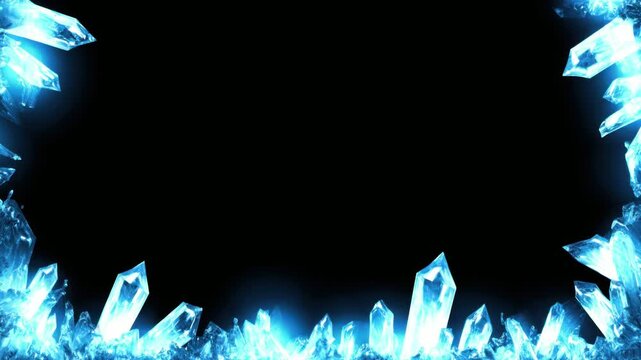Glowing blue crystal border frame with copy space text overlay, abstract icy animation, seamless loop