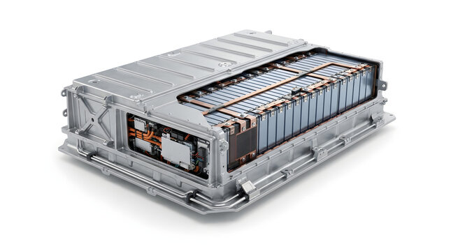 Electric vehicle battery pack with lithium ion cells battery modules cooling system and structural housing shown in detailed 3D illustration