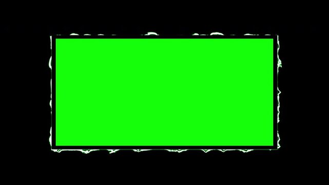 Animated green screen rectangle rapidly zooming out with a rough glowing border on black, designed for chroma key compositing, transitions, overlays, and motion graphics