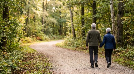 Obraz premium Elderly couple walking hand in hand on a forest trail during a peaceful autumn day