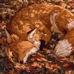 Naklejka premium A fox lies comfortably in a pile of orange and brown leaves in a dense forest. Bright colors of fall surround the fox.
