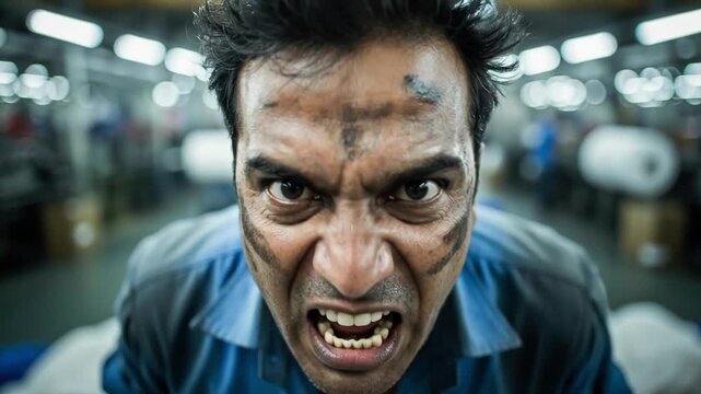 Angry male worker screaming in a factory representing workplace stress and frustration