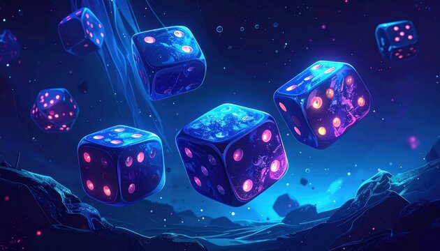 Glowing neon dice floating in deep space nebula.