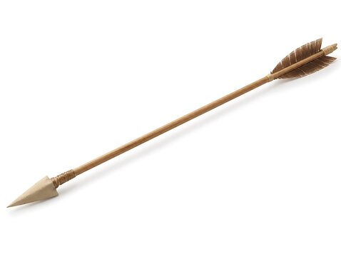 A single wooden hunting arrow with a sharp stone arrowhead and brown feathers, isolated on a clean white background, studio shot