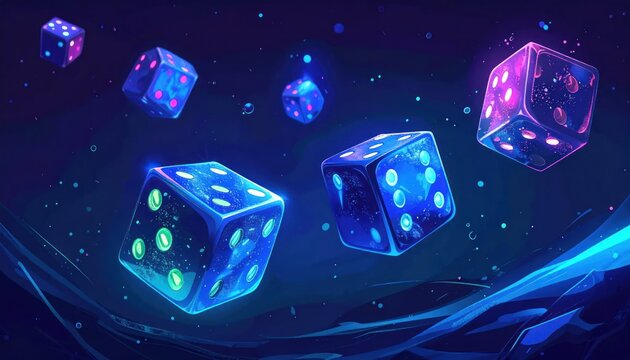 Glowing blue digital dice floating in space.