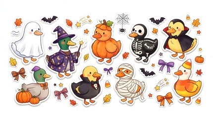 Fototapeta premium Cute halloween duck sticker set with ghost, witch, pumpkin, skeleton, vampire, and mummy costumes