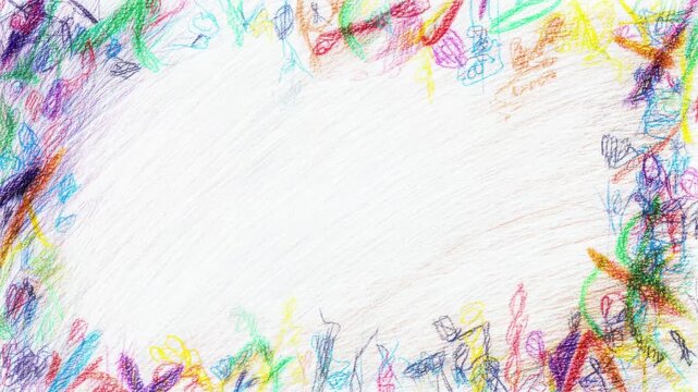 Colorful crayon border frame with white copy space, hand drawn digital stop motion animation seamless loop