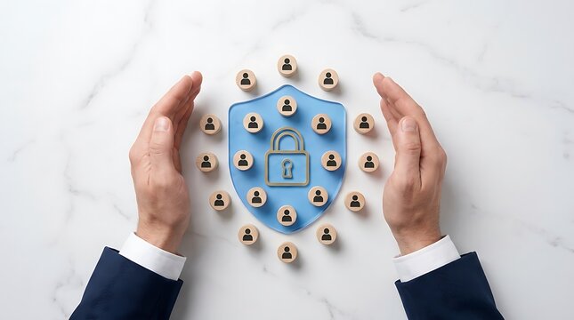 Businessman hands protecting blue shield with digital padlock and network of connected people icons for cybersecurity data privacy and corporate safety concept security cybersecurity business