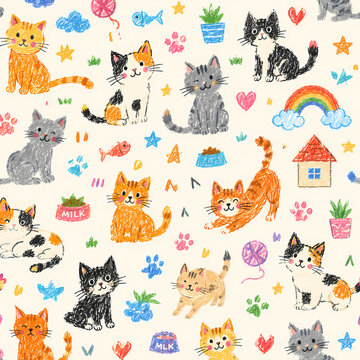 Whimsical Crayon Cat Doodle Pattern. Whimsical seamless cat pattern inspired by children's crayon drawings, featuring playful hand drawn cats in different poses with colorful doodle elements.