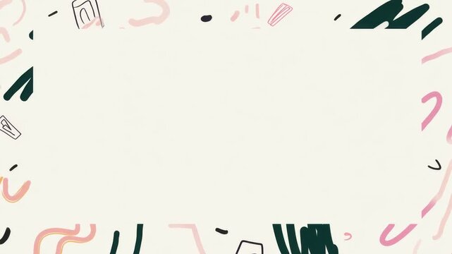 Hand drawn abstract border frame with colorful doodle elements around empty center, text overlay, seamless loop