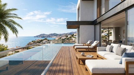 Fototapeta premium Luxury villa terrace with infinity pool overlooking the Mediterranean sea.