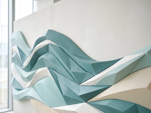Sculptural blue wave wall installation modern abstract geometric design