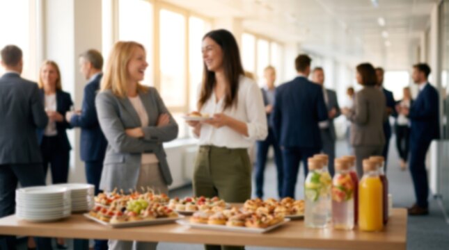 Business women laughing and socializing at office networking event with catering table featuring snacks and drinks in bright modern corporate workplace office