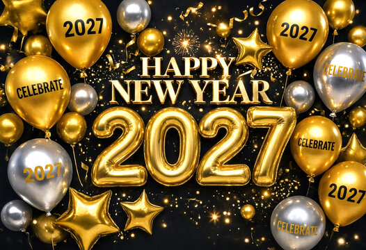 Festive happy new year 2027 celebration with golden balloons stars and glittering decorations