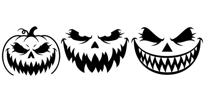Halloween pumpkin faces with scary expressions on white background.