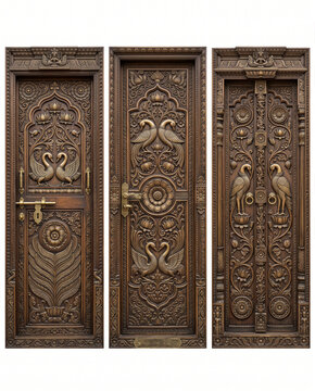 Three tall decorative door panels are displayed together, featuring elaborate raised reliefs with floral scrollwork, flowing botanical forms, circular ornaments, bird-like motifs