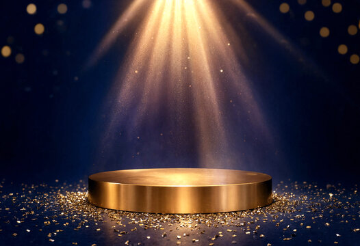 Golden spotlight shining brightly on a round pedestal surrounded by glittering confetti particles