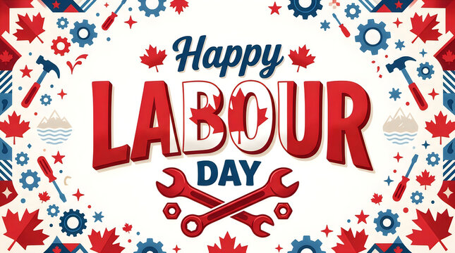 Happy labour day greeting card design with red maple leaves and various construction tools on white background