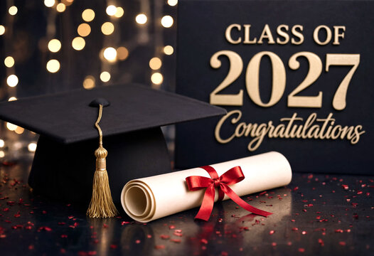 Graduation cap diploma and class of 2027 congratulations sign on festive background celebrating academic achievement