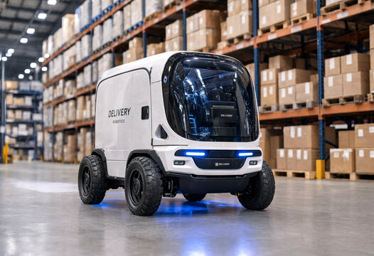 Modern autonomous electric delivery robot vehicle driving inside a large industrial warehouse filled with shelves