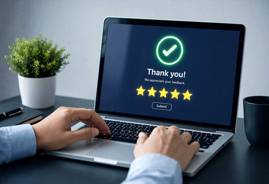 Person giving fivestar feedback on a laptop with thank you message displayed
