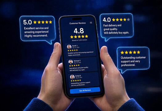 Person holding smartphone with customer reviews and high ratings on the screen display