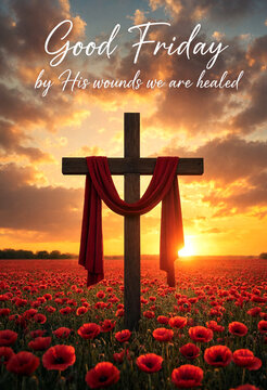 Sunrise scene with wooden cross draped in red cloth standing in poppy field on good friday