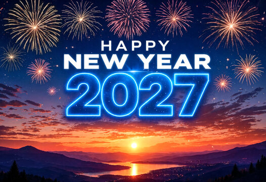 Stunning new year 2027 celebration with vibrant fireworks and colorful sunset over mountains and lake
