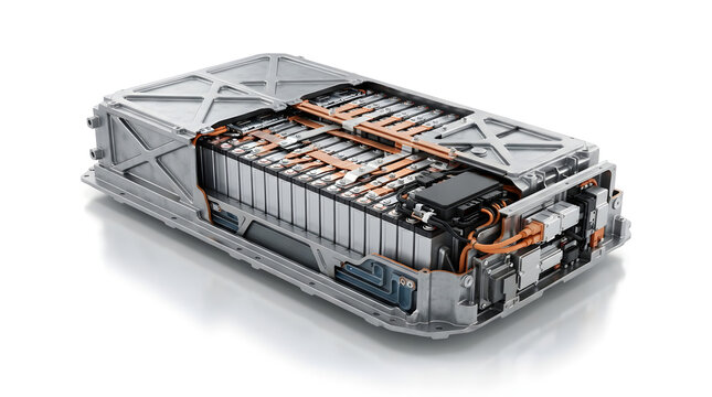 EV battery pack with lithium ion cells thermal management system structural frame and electrical connections in detailed 3D illustration