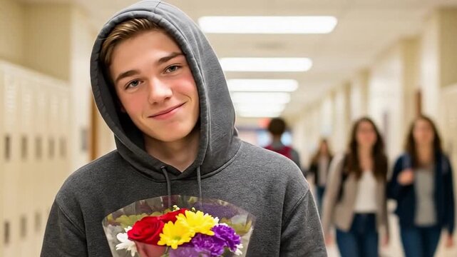Teenage boy in a hoodie holding flowers in a school hallway representing young romance, admiration, and confession for teen concepts