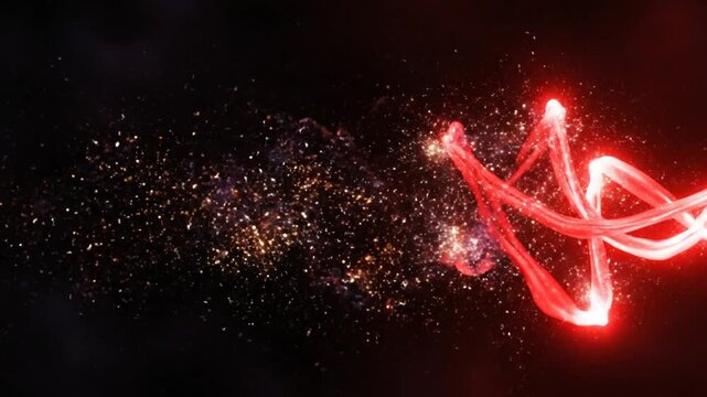 A luminous red energy trail, resembling a wavy light streak, extends from the right side across a dark background, dissolving into a cluster of shimmering gold particles and dust.