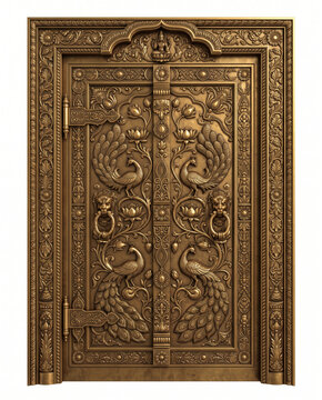 Ornate carved double entrance door with symmetrical bird figures, flowing floral reliefs, decorative borders, and intricate traditional architectural ornament
