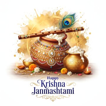 Krishna Janmashtami celebration with golden matki, butter, and peacock feather decoration