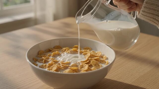 Pouring fresh milk into bowl of cornflakes cereal for healthy breakfast in warm morning sunlight