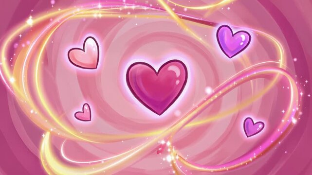 Graphic animation illustration featuring a whimsical pink background filled with softly glowing hearts, gentle gradients, romantic atmosphere, 4K video