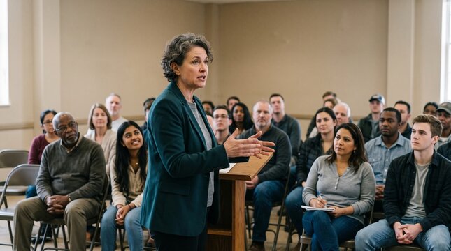 A confident female speaker addresses a diverse audience in a meeting room, engaging them with her presentation