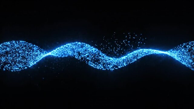 Illuminated blue particle wave, composed of numerous glowing small dots, forms a dynamic, undulating shape across a dark, black background, representing digital data flow.
