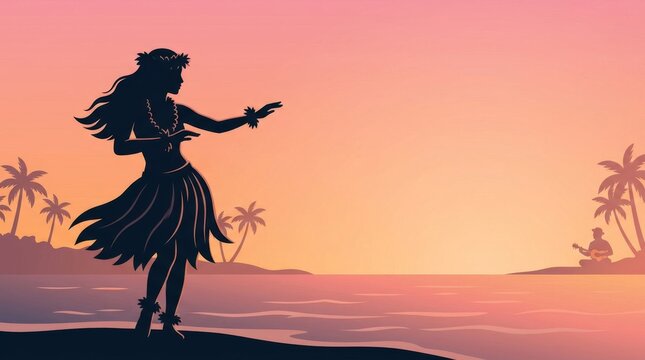 Silhouette of a hula dancer on a beach at sunset.