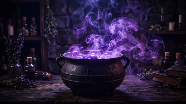 A bubbling cauldron emits a vibrant purple magical mist perfect for a spooky halloween night scene