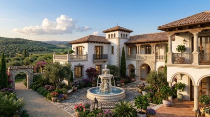 Fototapeta premium Stunning Mediterranean Villa with Courtyard Fountain and Lush Garden Landscape.